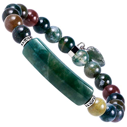 Nupuyai 8Mm Indian Agate Stretch Bracelets For Unisex, Healing Stone Bracelet With Dangle Heart Charm 7" #TOP1