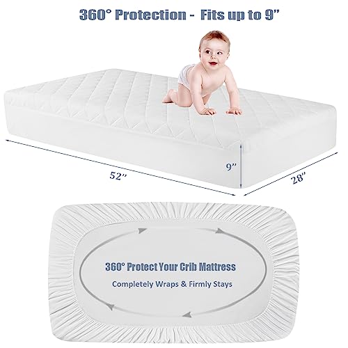Waterproof Crib Mattress Protector, Bamboo Quilted Terry Top Fitted Baby Mattress Cover, Soft And Breathable White Toddler Mattress Pad 52"×28", 2 Pack #TOP3
