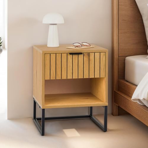 IDIMEX Mesto Mesto - Mesita de noche con cajón y estante de madera de roble salvaje (40 x 50 x 40 cm, estructura de metal, 40 x 50 x 40 cm), color negro