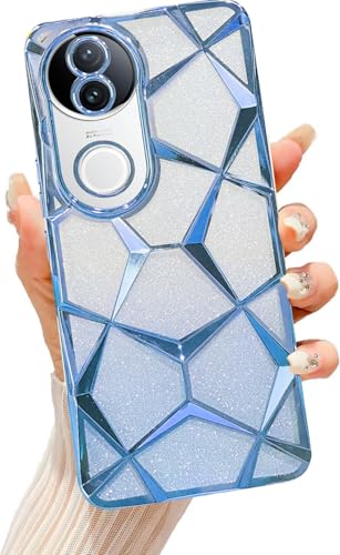 Image of VONZEE Gradient Glitter Case for VIVO V50e, Luxury Electroplated 3D Cube, Diamond Bling Shiny Soft TPU Clear Shockproof Women Girls Protective Phone Cover (Sierra Blue)