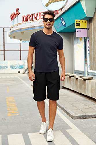 Gafeng Mens Casual Relaxed Fit Cargo Shorts Elastic Waist Drawstring Solid Work Outdoor Sport Hip Hop Trousers Black #TOP4