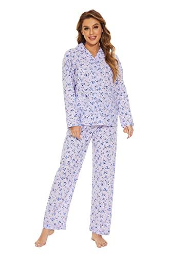Image of GLOBAL Women Cotton Pajamas Long Sleeve PJs Button Down Sleepwear S-3XL