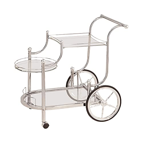 Coaster Home Furnishings Modern Contemporary 3 Shelf Serving Bar Cart Trolley Clear Tempered Glass Caster Wheels Chrome #TOP3