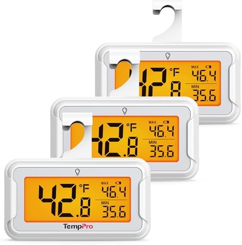 Two small white digital thermometers with large backlit screens, one standing and one with a hook