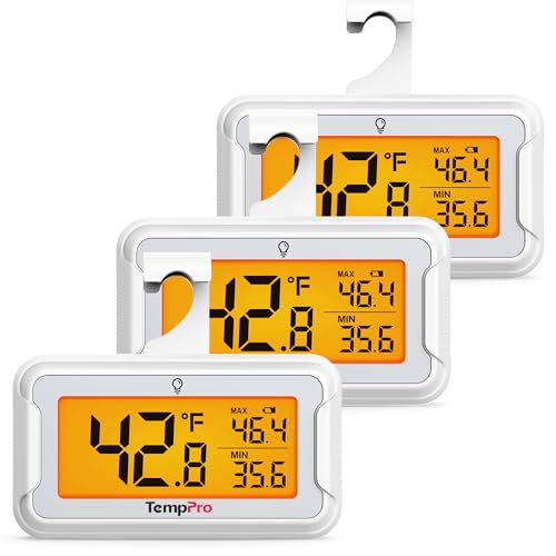 Image of TempPro Refrigerator Thermometer 3 Pack with Large Backlit LCD Display, Waterproof Freezer Fridge Thermometer with Max /Min Record, Easy Battery Replacement for Room, Cooler (Previously ThermoPro)
