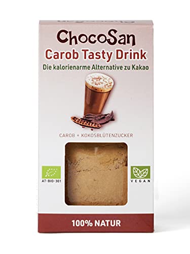 Neu! ChocoSan Carob Tasty Drink Bio, Carobpulver und Kokosblütenzucker, Carob Schokolade als Kakao Ersatz ohne Theobromin & Koffein, vegan, 200g Cover