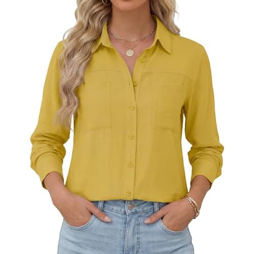 Kistore Womens Button Down Shirts Striped Linen Long Sleeve Blouses Business Casual Office Work Tops Loose Fit with Pockets Large Ginger