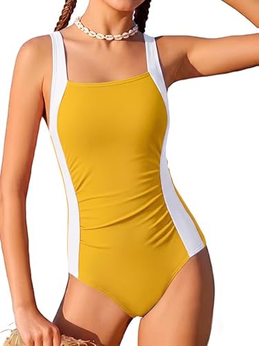 Image of Arshiner Girls One Piece Swimsuit Color Blocking Summer 10-11 Years Yellow