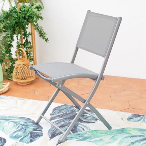 CONCEPT USINE | Lot de 4 Chaises Salon de Jardin Pliables MOLVINA Gris Clair | Structure Acier + Époxy | Tissu Textilène | Pliables, Empilables, Compactes |...