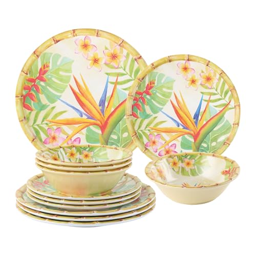 UP ware - Juego de vajilla de melamina de 12 piezas, incluye platos llanos, platos de ensalada, cuencos, servicio para 4 personas (Bird of Paradise)