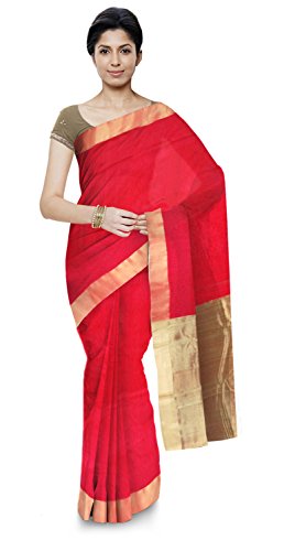 JAGESHWARI BUNAKAR SAHKARI SAMITI Chanderi Handloom Cotton & Silk Saree for Women (Red)