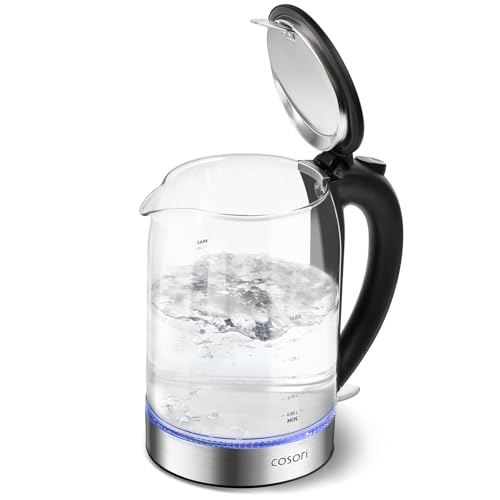 Cosori Electric Kettle, No Plastic Contact With Water, Wide Mouth For Easy Cleaning, Auto Shut Off, 1.7L Tea Kettle & Hot Water Boiler, Water Heater & Teapot, Borosilicate Glass, Black, 1500W