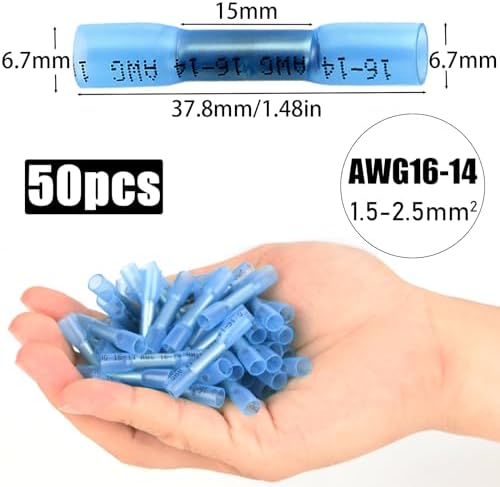 Mbsomnus 50 sztuk złączek zaciskowych, wodoszczelne, 16-14 AWG, złącza stykowe, niebieskie, do samochodów, łączników termokurczliwych, do kabli, łączników przelotowych