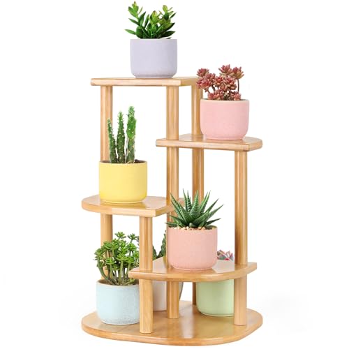 Jotsport 5 Tier Bamboo Plant Stand Small Windowsill Plant Shelf Mini Succulents Pot Holder Display Rack for Living Room Corner Tabletop