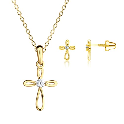 Gold infinity cross on a slim chain, laid out with two matching stud earrings