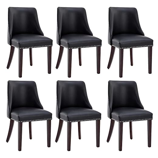 Kmax Leather Dining Chairs Set of 6 Upholstered Side Chairs Farmhouse Accent Chairs with Nailhead Wood Legs for Dining Room Guest Room Restaurant, Black