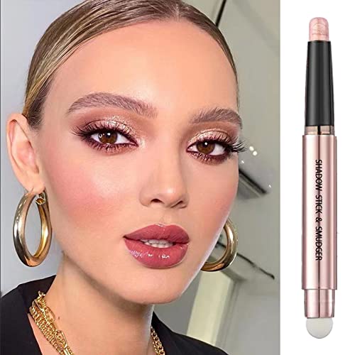 2 In1 Eyeshadow Stick, Shimmer Cream Eye Shadow Sticks, Eye Brightener Stick With Sponge, Eye Shadow Stick Makeup, Long Lasting Waterproof Cream Eyeshadow Stick Eye Highlighter Stick,Rose Gold Shimmer #TOP4