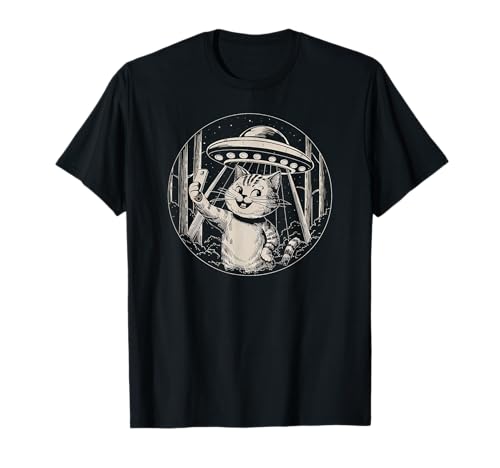 Cute Cat Selfie with Alien Spaceship UFO Funny T-Shirt
