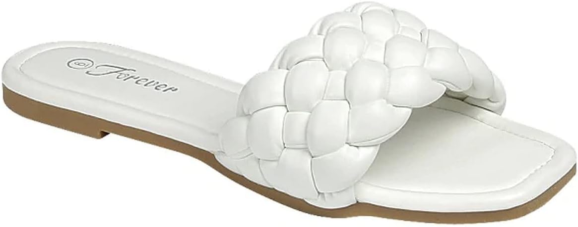 Forever Women's Square Open Toe Flat Sandals Braided Strap Slip-on Slides Woven Sandals Braided 66 Shoes WHITE 8.5