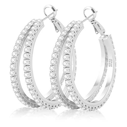 Senteria S925 Sterling Silver Hoop Earrings for Women Hypoallergenic Silver Double Hoop Earring Non Tarnish 14K Gold Plated Hoops with Cubic Zirconia Gold Double Hoops Earring for Women 25/30/40mm