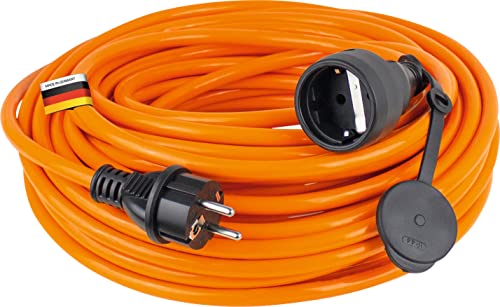 as - Schwabe Baustellen-Panzerleitung – 50 m robustes Panzer-Kabel, Schutzkontakt-Stecker & -Steckdose inkl. Schutzklappe ­– 230 V / 16 A Verlängerungskabel – IP44 – Made in Germany – Orange I 59250