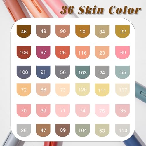 JinMaGDST ROSYMENG Skin Tone Art Markers: 36 Colors Acrylic Paint Pen Set with Soft Brush Tip, Straight Liquid Quick-Dry Design, Drawing Supplies for Adult Coloring Books, Rock, Wood, Glass, Fabric