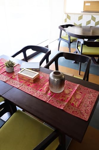 Image of Indian Traditional Decorative Silk Table Runner Kitchen Dining Good Luck Table Cloth for Wedding Bridal Birthday Party Decorations - 60x16 Inches (Dark Pink)
