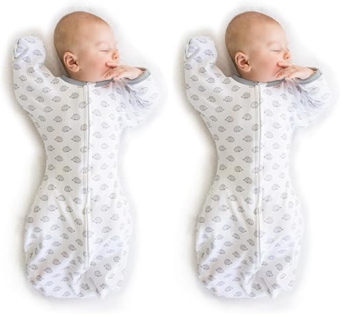 Image of SwaddleDesigns Transitional Swaddle Sack with Arms Up Half-Length Sleeves and Mitten Cuffs, Tiny Hedgehogs, Small, 0-3mo, 6-14 lbs (Better Sleep for Baby Boys, Baby Girls, Easy Swaddle (Pack of 2)