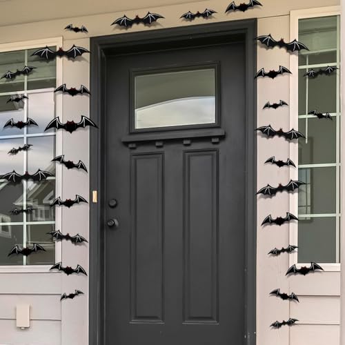 AKEROCK Halloween Decorations - Indoor 3D Bats with Glow in The Dark Eyes & Skeleton, 3 Styles, 3 Sizes Each, Includes 136 Pcs of Tape