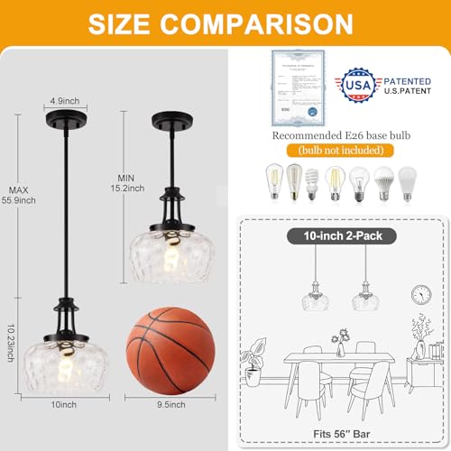 Image of Modern Pendant Lights Kitchen Island, Matte Black Pendant Light Fixtures with 10 inch Clear Hammered Glass Shade, Industrial Hanging Pendant Lights Fixture for Kitchen Island Dining Room Bedroom Entryway