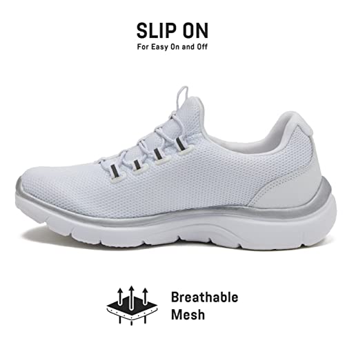 Avia Junction Women’s Slip On Sneakers - Comfortable, Breathable No Laces Shoes For Women With Memory Foam - White/Silver Grey/Light Purple, 6 Medium #TOP3