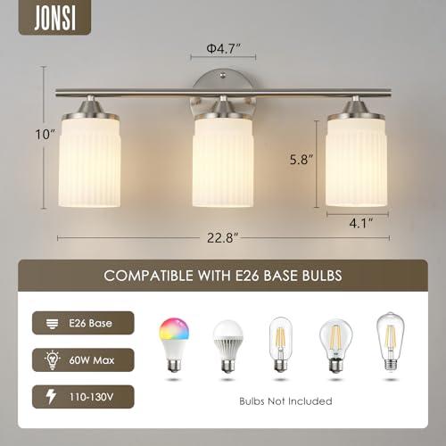Image of Jonsi Nickel Bathroom Light Fixtures 3-Light Vanity Lights Modern Wall Sconce with Milk White Shade Brushed Nickel Bathroom Light Fixture Over Mirror for Bedroom Hallway Kitchen