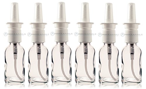 PREMIUM VIALS CREATIVE PACKAGING SOLUTIONS 1 OZ CLEAR BOSTON ROUND GLASS BOTTLE - W/NASAL SPRAYERS - Pack of 6