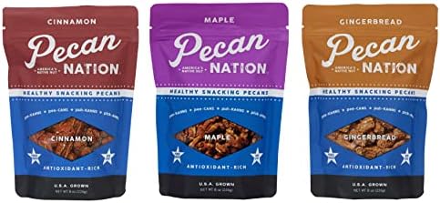 Pecan Nation Sweet Flavored Roasted Pecan Variety Pack, Maple, Cinnamon, and Gingerbread 8 oz. (3 Pack)