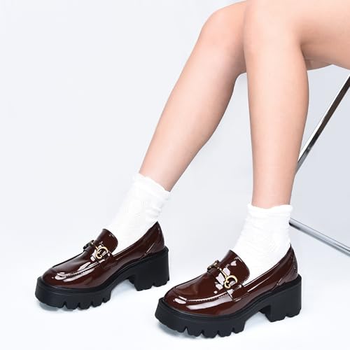 Image of Black Platform Loafers for Women - Women's Slip-On Leather Loafers, Chunky Comfort Shoes for Work & Dressy Occasions