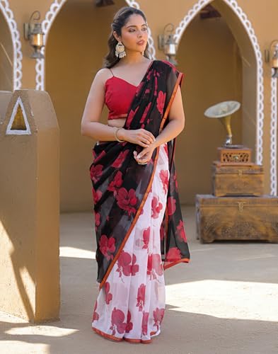 Image of SIRIL Women's Chiffon Printed Saree With Unstitched Blouse Piece
