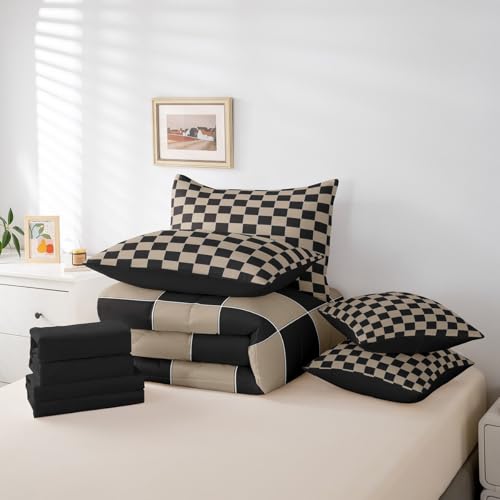 Image of Erosebridal Geometric Plaid King Comforter Set 7 Piece Beige Black Brown Checkerboard Bed in A Bag with Sheets Checkered Grid Bedding Set for Kids Boys Men,Modern Aesthetic Bed Set