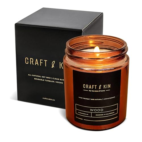 Craft & Kin Scented Candles for Men | Premium Wood Candle | All-Natural Scent for Home | Long Lasting Holiday Candles with 45 Hour Burn Time, 8oz