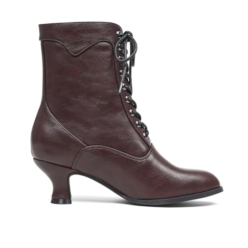 Yremael Women's Red Ankle Boots Round Toe Kitten Heel Vintage Dress Lace Up Shoes — view 5