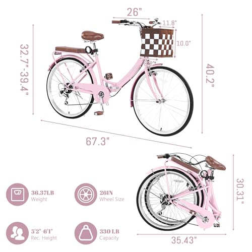Foldable Beach Cruiser Bike for Women, 24/26 Inch Bikes for Women, 7 Speed Commute Bike with Basket Adult Womens Bicycles Folding Cruiser Bikes, City Commuting's Bicycle, Dual V-Brake