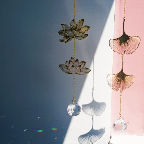 Crystal Suncatcher Hanging Decoration Lotus & Ginkgo Leaf Rainbow Charm Home Garden Room Window Spiritual Prisms Mother's Day Gift Boxed #TOP1