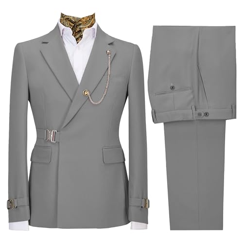 Image of Men's 2 Piece Suit with Metal Clasp Slim Fit Suit Stylish Business Pants Casual Wedding Grooms Tuxedo Suit