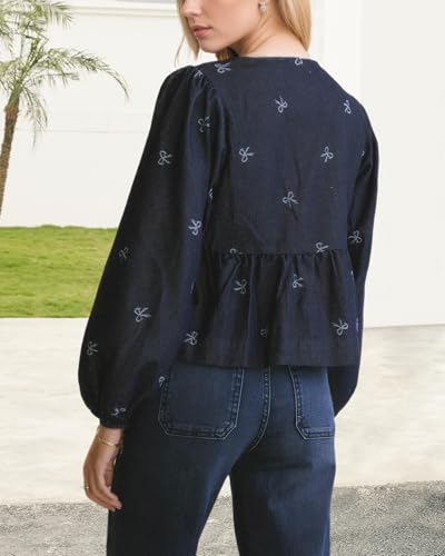 Kedera Women Denim Jean Shirt Bow Print Blouse Casual Crewneck Long Puff Sleeves Tie Front Cropped Tops Shirt2