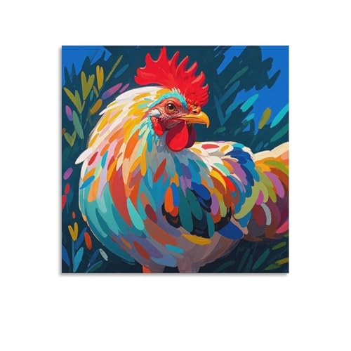 Poulet coloré en toile murale abstraite moderne 70x70 cm pour grand salon et bureau