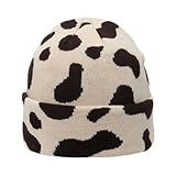CHUYIX Damen Herren Wintermützen Kuhdruck Kariert 1Pcs Frau Strickmütze Mütze Winter Leopard Print Skull Cap Frauenhut weicher Stretchhut Leopardenmuster Strickmütze Wollmütze