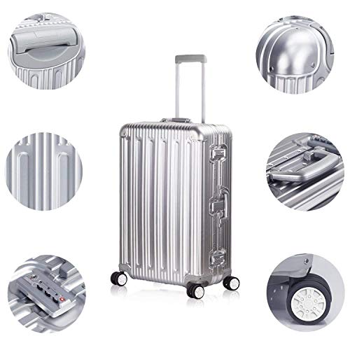 Travelking All Aluminum Suitcase Hard Shell Luggage Case Carry On Spinner Matel Suitcase (Silver, 24 Inch) #TOP1
