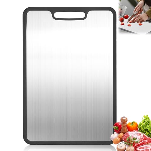 Titanium Cutting Boards for Kitchen & Camping,Metal Cutting Board,Stainless Steel Cutting Board,Chopping Boards for Kitchen and Camping,Silicone Edge for Non-Slip & Non-Cut Medium(14''×9.8'')