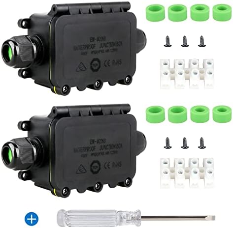 IP68 Waterproof Junction Box, 2 PCS Electrical Junction Boxes, 2 Way Outdoor Diameter Cable Ø 3mm -12mm with 2 Cable Glands, Black Plastic External Waterproof Cable Connector (Black-Pack of 2)