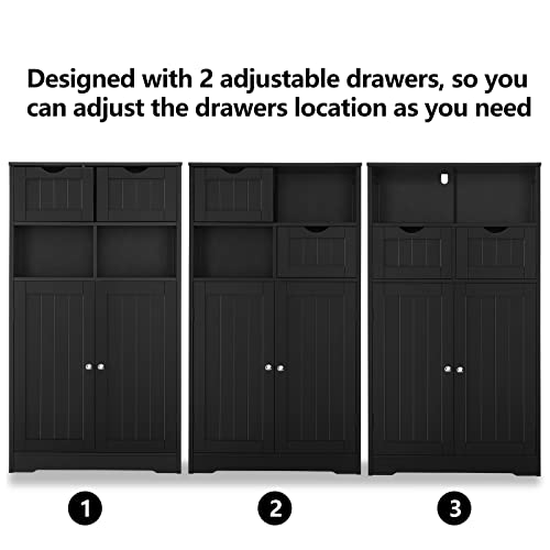 Iwell Large Bathroom Cabinet, Linen Storage Cabinet With 2 Drawers & 2 Shelves, Bathroom Floor Cabinet With 2 Doors For Living Room, Bedroom, Home Office, Black #TOP5