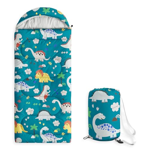Wake In Cloud - Kids Sleeping Bag for Boys Toddlers, Camping in Warm Cold Weather, Backpacking Lightweight Compact Outdoor Liner for 3 Seasons, Cartoon Jurassic Dinosaur, Teal Blue